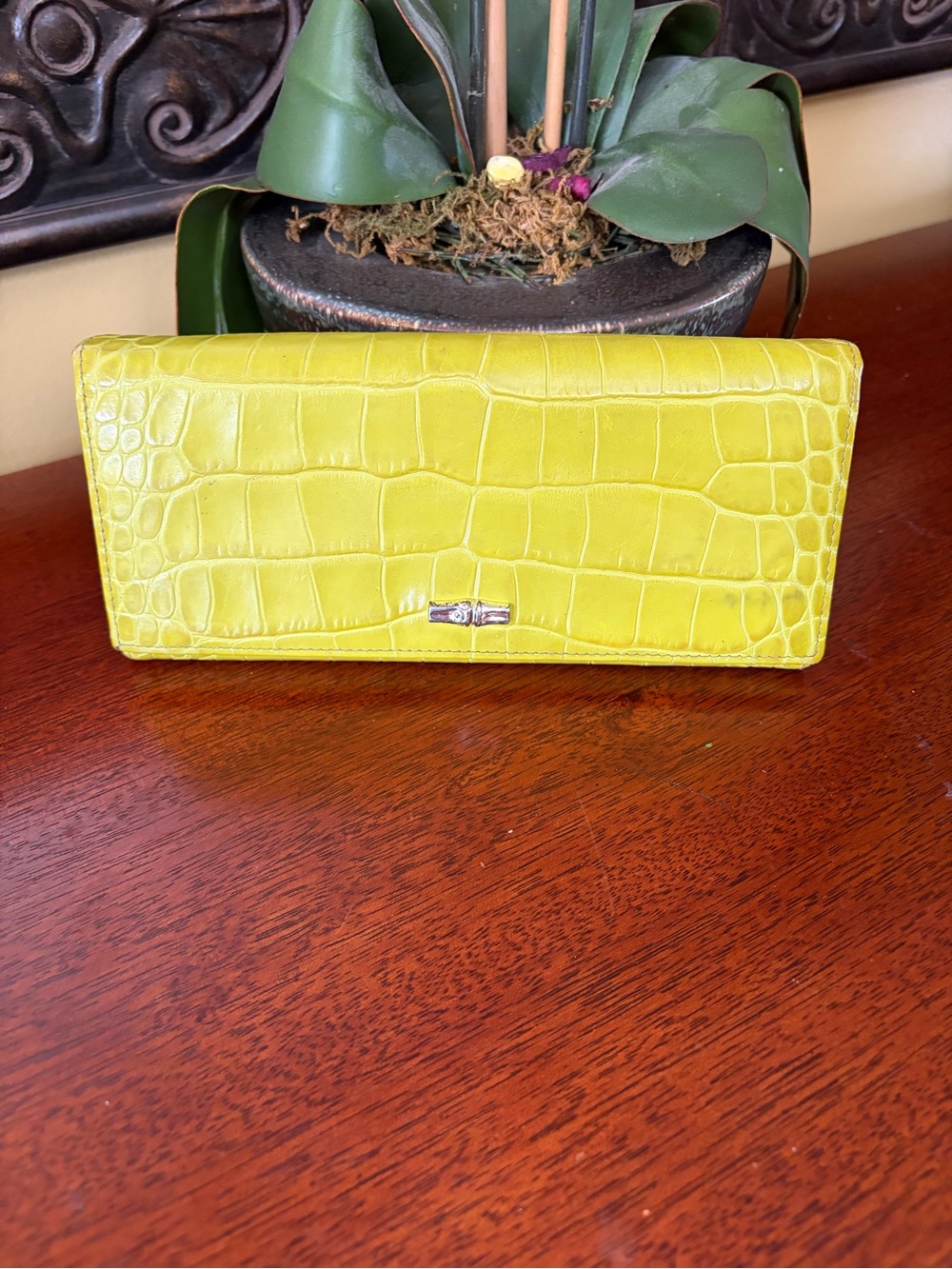Longchamp Croc-Embossed Lime Green Leather Wallet